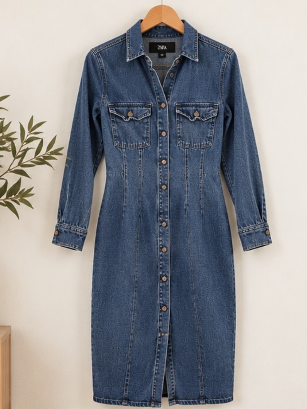 Zara Denim Midi Shirt Dress | Fitted Waist | Size M
